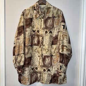 Melrose Silk Studio Womens Sz M Mustard Brown Owl Bird Country Silk Button Shirt